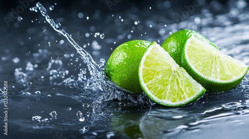 Fresh Green Limes Sliced with Water Splash on Dark Surface