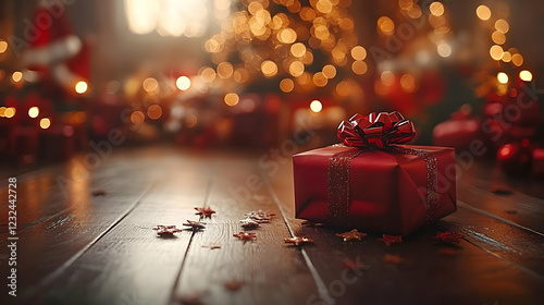 Red Gift Box Sits on Wooden...