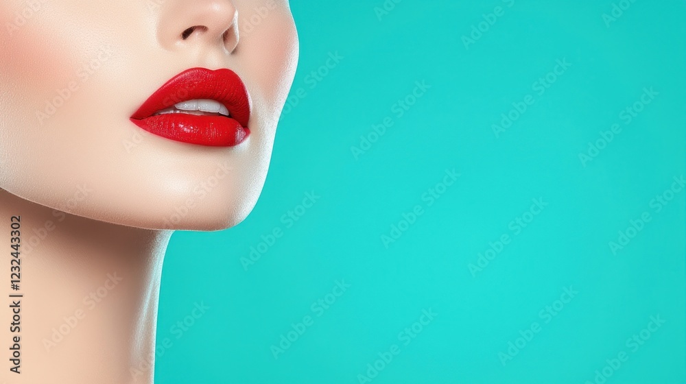 Closeup of Woman's Face with Red Lips and Sparkling Skin Against Teal Background Closeup of Woman's Face with Red Lips and Sparkling Skin Against Teal Background