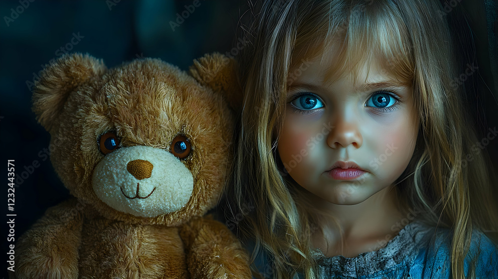 Little Girl Holds Teddy Bear, Expressing Innocence and Comfort in Soft Lighting. Little Girl Holds Teddy Bear, Expressing Innocence and Comfort in Soft Lighting.