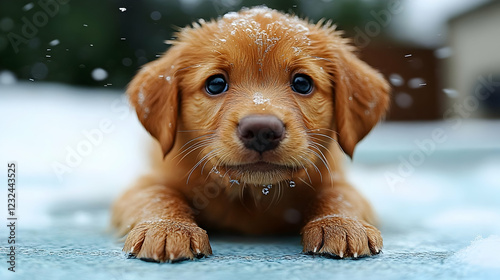 Adorable Puppy Rests on Wet...