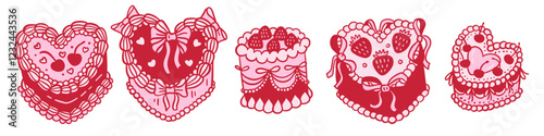 Vintage Coquette Cakes set - Outline Clipart, Coquette cake line art, vintage wedding, birthday sweet Hearts, Pink Valentine's day Clip Art. Hand drawn vector illustration.