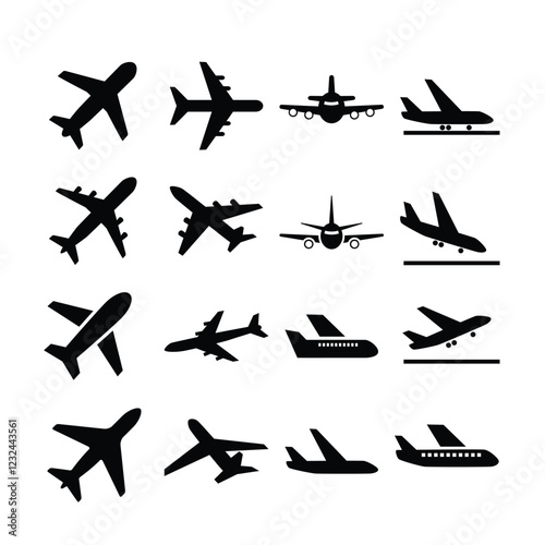 Airplane icon set. Aircraft, plane, flight, airline, aero plane symbol vector on white background.