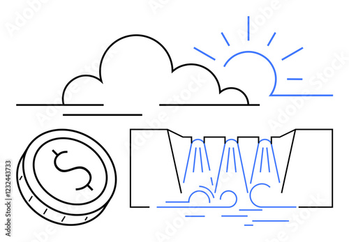 Cloud and sun icons representing weather, coin symbolizing economic gain, hydropower production. Ideal for environmental themes, energy sectors, finance, sustainability, renewable resources