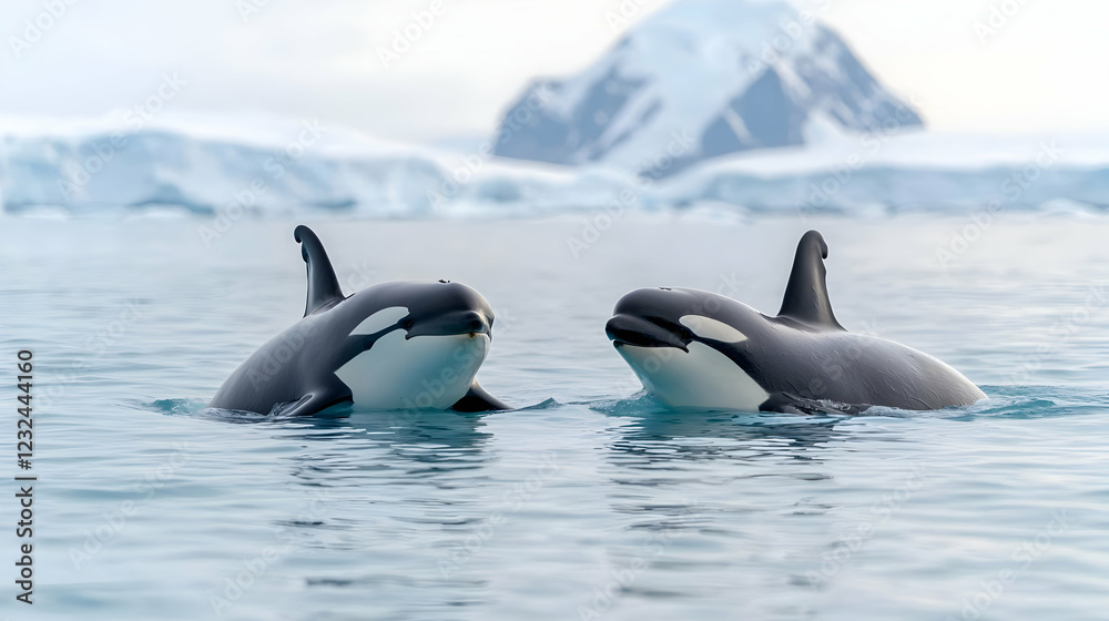 Fototapeta premium Antarctic orcas interact, icy mountains background, wildlife documentary
