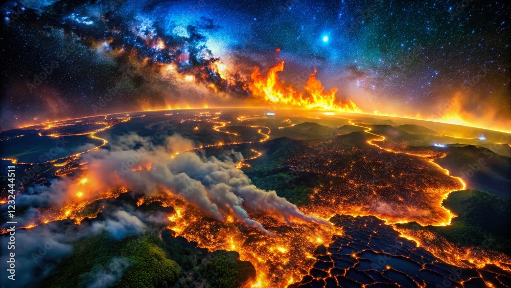 Amazon Rainforest Night Fires: Satellite View of Burning Forest, Bokeh Effect