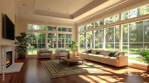 Wallpaper Mural A spacious open-concept living room featuring multiple large windows that offer a stunning view of the garden landscaping. Torontodigital.ca