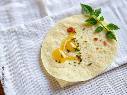 Delicate raagi dosa with a sprinkle of herbs and a drizzle of ghee on a woven cotton cloth, natural ingredients, food styling photo