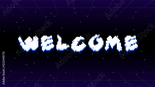 Clean and modern pixel typography design: welcome. Video game text background for greeting screen in retro style in 16x9 proportion.
