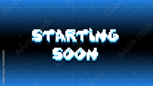 Clean and modern pixel typography design: starting soon. Video game text background for streaming start screen in retro style in 16x9 proportion.