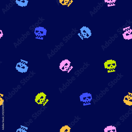 Retro pixel art seamless pattern design. 8-bit gaming skull icons for digital projects, textiles, or backgrounds with gaming vibe.