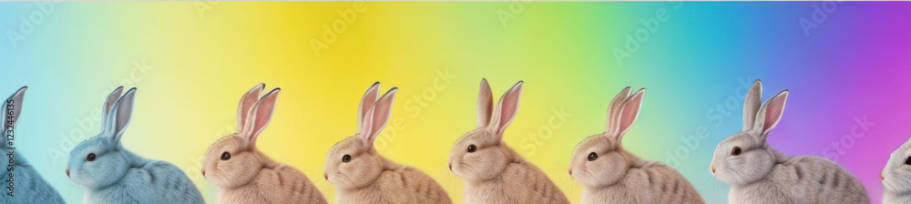 Fototapeta premium Many fluffy bunnies are lined up against a vibrant blue-to-purple, pink, yellow, and green background, gazing playfully at the viewer