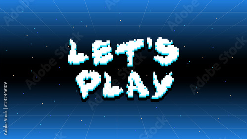 Clean and modern pixel typography design: let’s play. Video game text background for start screen in retro style in 16x9 proportion.