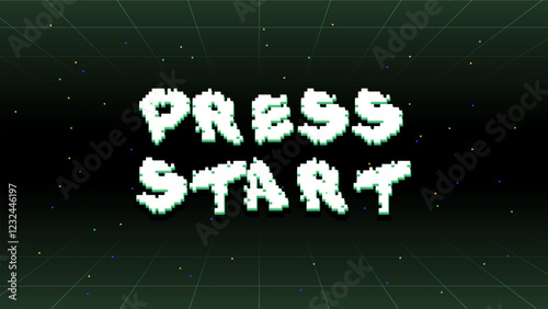Clean and modern pixel typography design: press start. Video game text background for intro screen in retro style in 16x9 proportion.