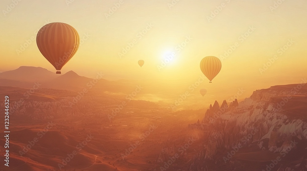 Obraz premium A breathtaking early morning scene of flying in hot air balloons over Cappadocia. The view highlights the stunning Red Rose Valley and Goreme village in Turkey, Asia.