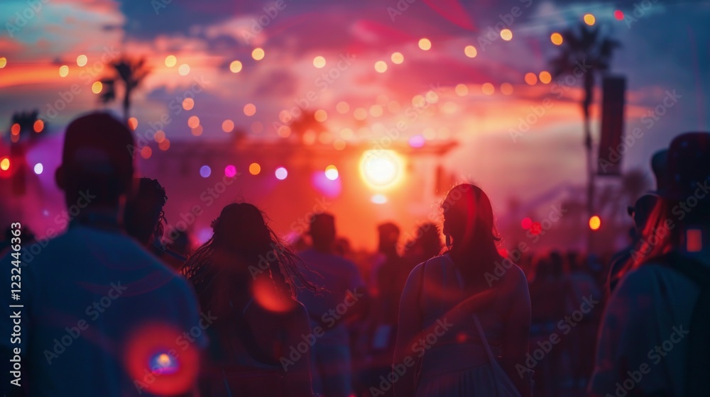 Fototapeta premium A lively outdoor evening event with colorful string lights, bokeh effects, and a stunning sunset in the background.