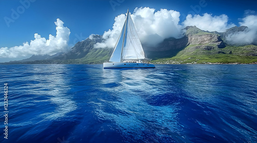 Sailboat sails on the deep ...