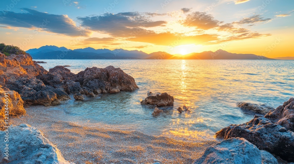 Golden sunset over calm sea with dark rocks in the foreground. Warm light reflects on water, creating a serene and peaceful atmosphere. The sky shows Golden sunset over calm sea with dark rocks in the foreground. Warm light reflects on water, creating a serene and peaceful atmosphere. The sky shows