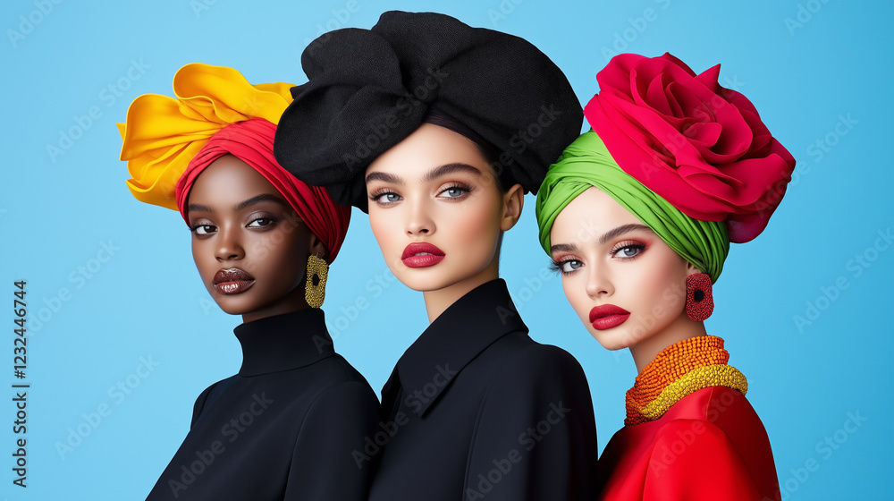 Three women wear vibrant headscarves and stylish outfits, each with unique colors, posing confidently against a blue background
Three women wear vibrant headscarves and stylish outfits, each with unique colors, posing confidently against a blue background