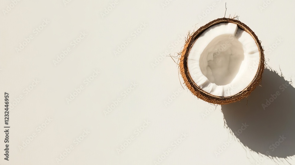 A coconut cut lengthwise, set against a white background.