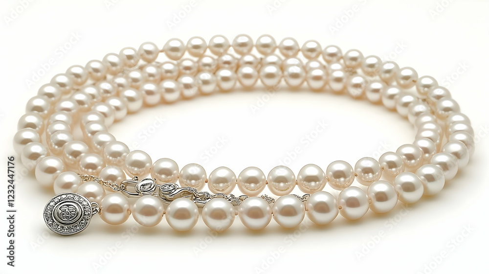 Obraz premium Elegant Double-Stranded Pearl Necklace Adorns with a Silver Clasp on a White Background