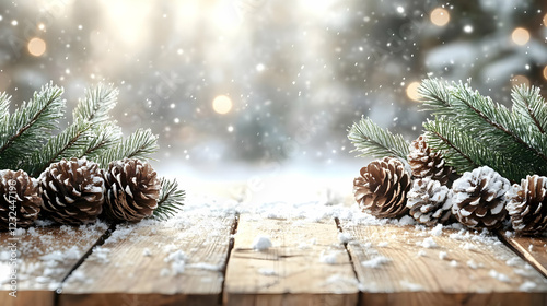 Snowy Wooden Table Shows Pi...