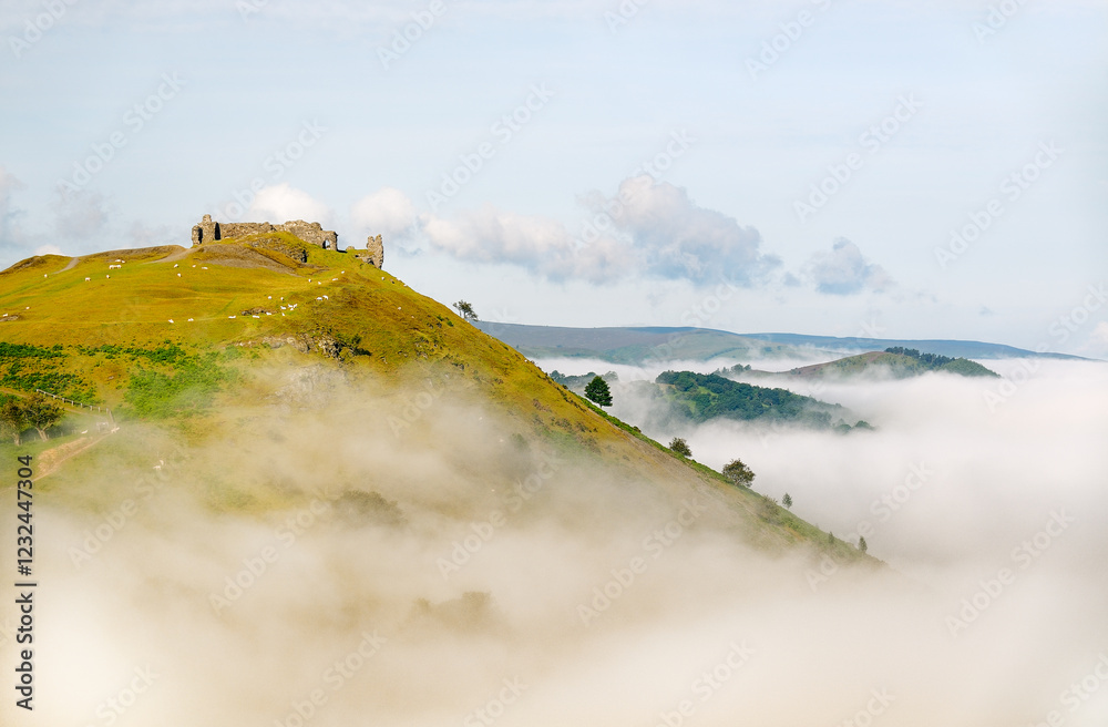 Castell Dinas Bran, Llangollen, Denbighshire, Wales. On an Iron Age site, the stone castle dates from 13 C. Summer morning mist