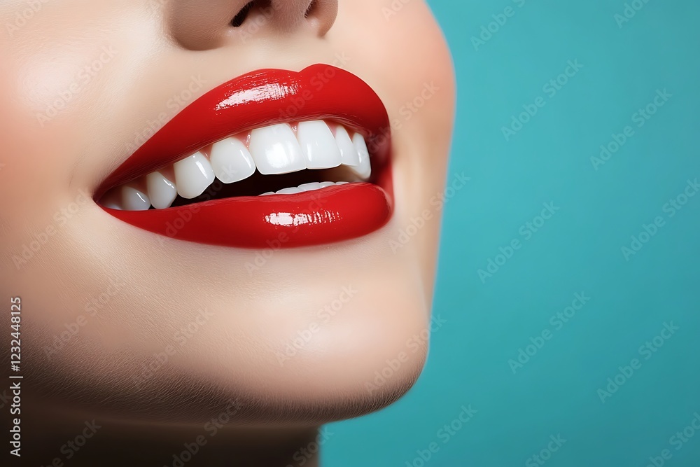 Obraz premium A close-up of beautiful red lips with a bright smile showing white teeth