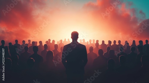Silhouetted figures face forward with brilliant sunrise behind them.