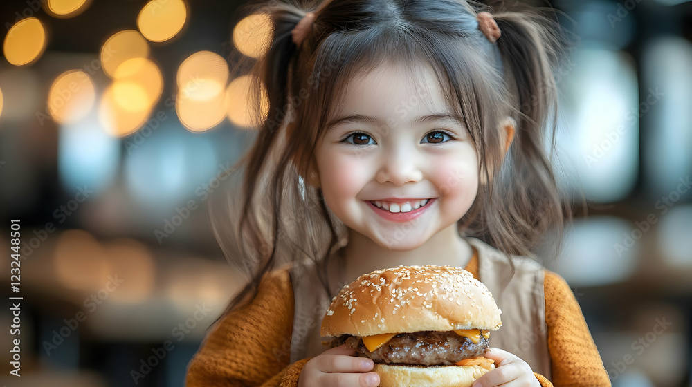 Smiling Child Holds a Delicious Cheeseburger in a Restaurant with Warm Lighting Smiling Child Holds a Delicious Cheeseburger in a Restaurant with Warm Lighting