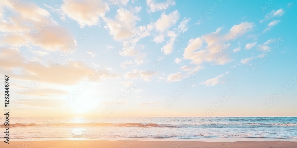 Fototapeta premium Serene Sunset Ocean Beach Seascape Tranquil Coastal Scene with Soft Clouds and Calm Waves