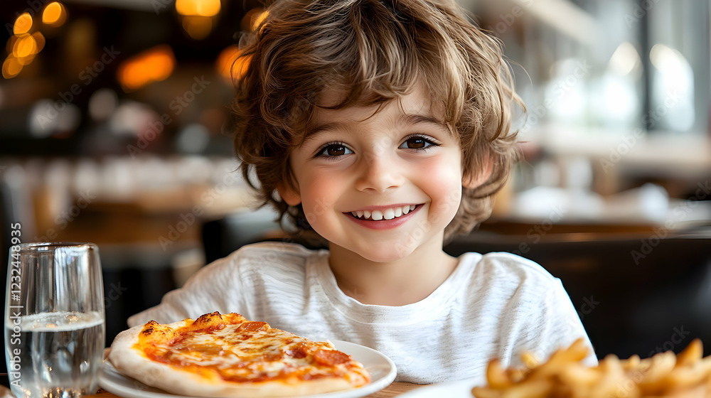 Happy Child Enjoys Pizza and Fries: A Delightful Restaurant Dining Experience Happy Child Enjoys Pizza and Fries: A Delightful Restaurant Dining Experience