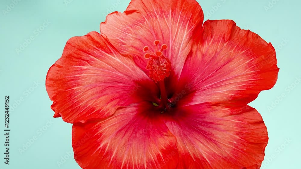 Red Hibiscus Open Its Flower in Time Lapse. Blooming Plant Blossoms on a Blue Background Wilting Fast. Dry Flower