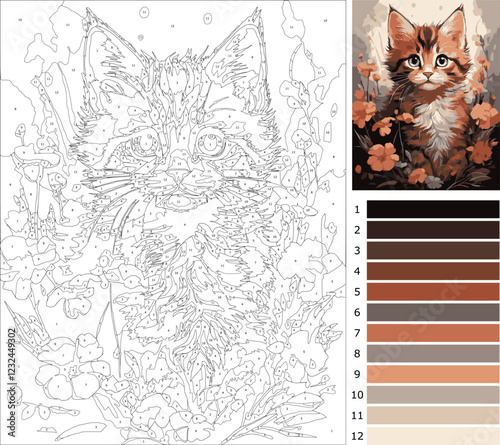 Floral Cat Illustration - Relaxing Adult Coloring Page by number