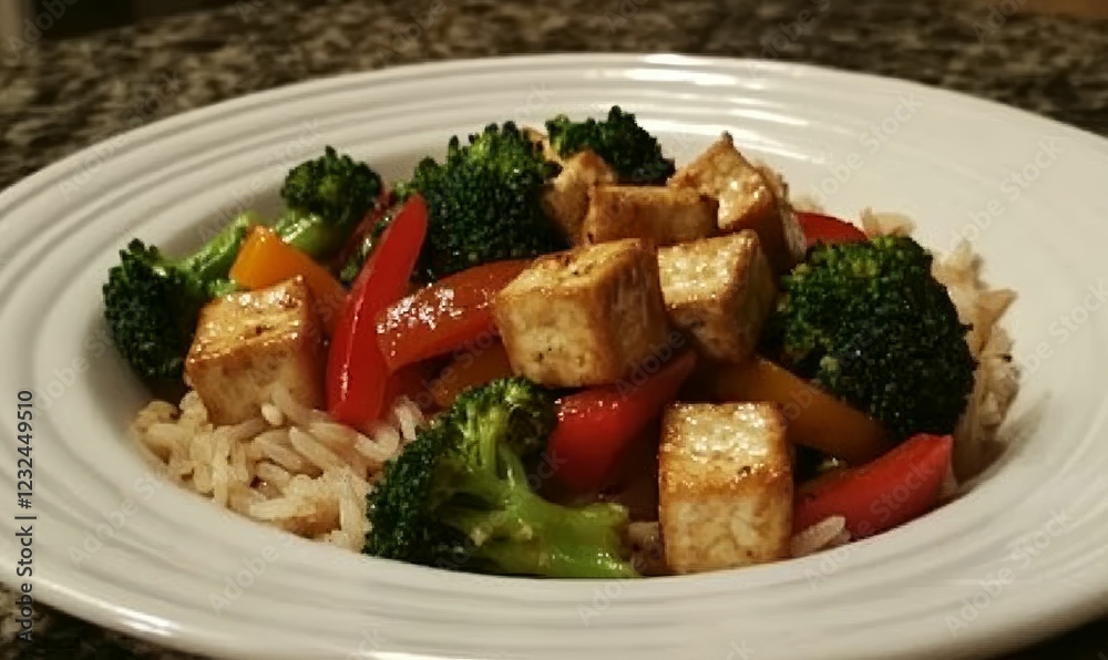 Tofu, broccoli, peppers, and rice on a white plate. Tofu, broccoli, peppers, and rice on a white plate.