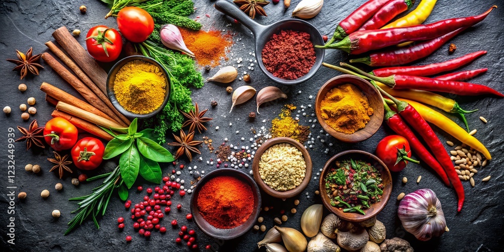 Aromatic Spices & Vegetables on Black Stone Top View - Culinary Background Aromatic Spices & Vegetables on Black Stone Top View - Culinary Background