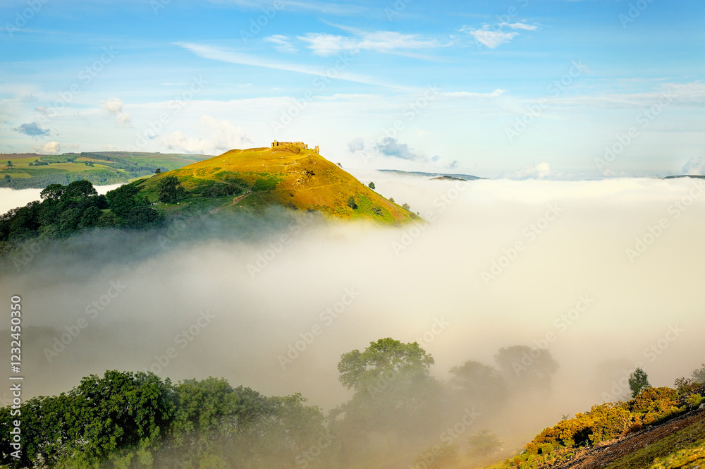 Castell Dinas Bran, Llangollen, Denbighshire, Wales. On an Iron Age site, the stone castle dates from 13 C. Summer morning mist