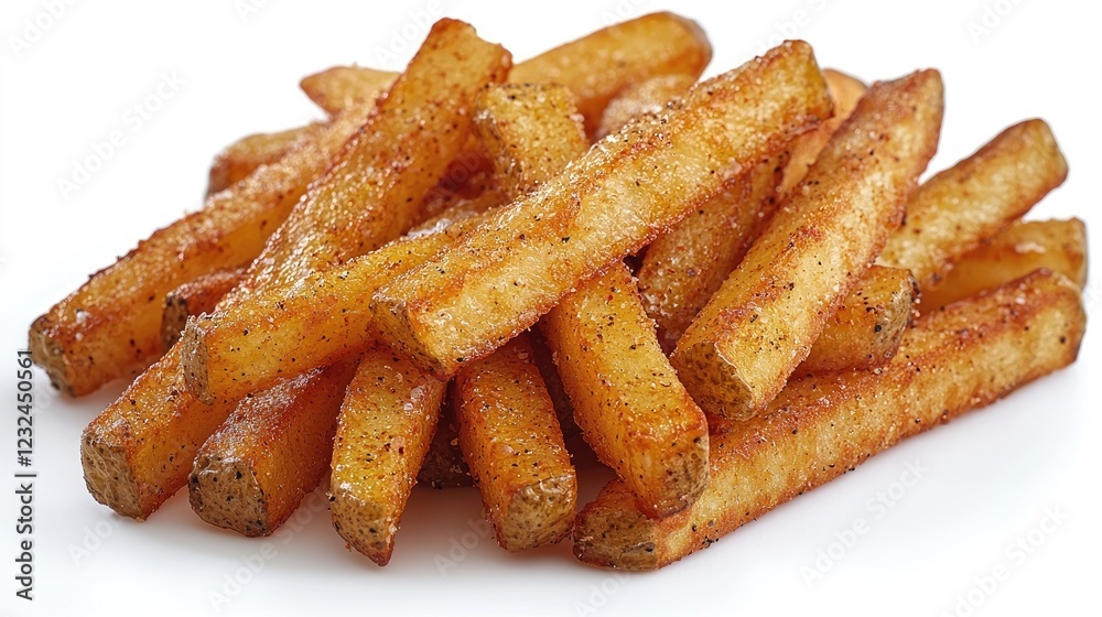 Golden crispy fries piled high on a white surface, ready to be served with a dipping sauce Golden crispy fries piled high on a white surface, ready to be served with a dipping sauce