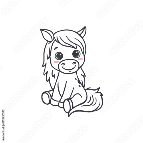 Cute cartoon horse isolated on white. Animal in doodle style for children's coloring, worksheet, and activity pages. Vector illustration