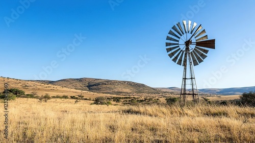 Windmill turning in dry African savanna