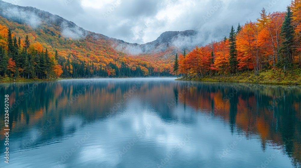 Soft morning light bathing a lake and forest, with vibrant fall colors and sky reflections Soft morning light bathing a lake and forest, with vibrant fall colors and sky reflections