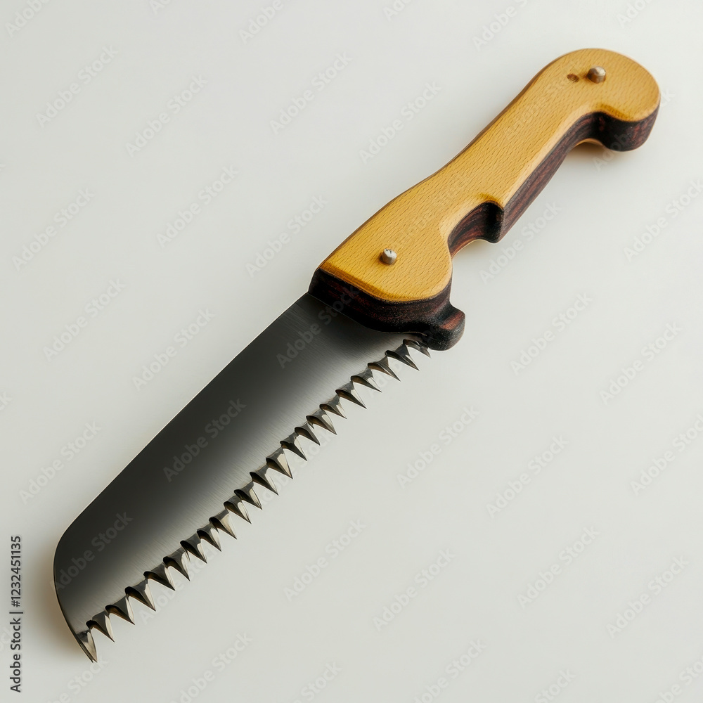 Folding saw with wooden handle lying on white background Folding saw with wooden handle lying on white background