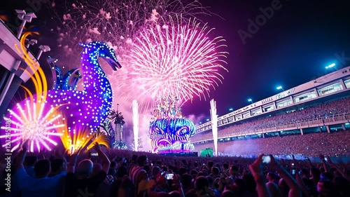 Stunning aerial footage captures the vibrant Rio de Janeiro Carnival illuminated under the night sky.