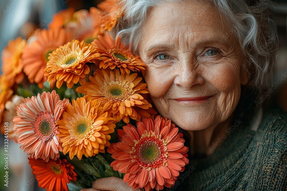 A distinguished senior lady holds a bouquet of fresh flowers, appropriate for daily use or celebratory occasions A distinguished senior lady holds a bouquet of fresh flowers, appropriate for daily use or celebratory occasions