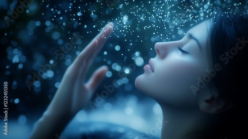 Woman reaches for glowing particles in dark blue bokeh photo