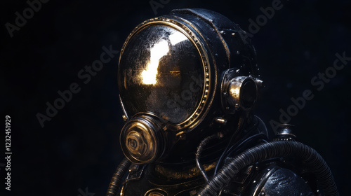 A deep-sea diver in an old-fashioned, heavy-duty diving suit, illuminated by a single light source against a dark background