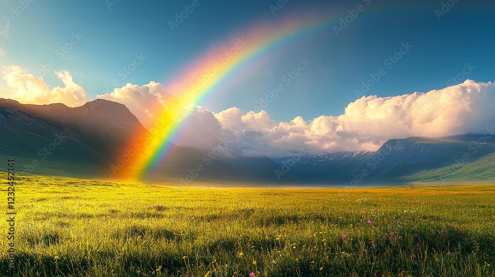 A mountain with a vibrant rainbow in a cloudy sky above a field. This nature landscape captures the scene just after a storm, on a spring morning. It symbolizes St. Patrick's Day. Ideal for a design A mountain with a vibrant rainbow in a cloudy sky above a field. This nature landscape captures the scene just after a storm, on a spring morning. It symbolizes St. Patrick's Day. Ideal for a design