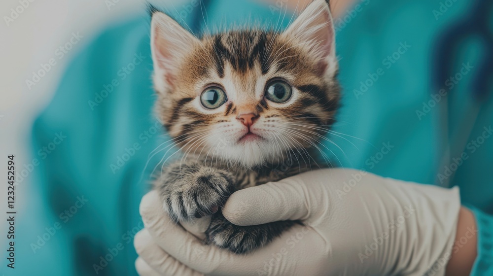 Compassionate Animal Rescue concept. Cute kitten being held by a person in veterinary gloves Compassionate Animal Rescue concept. Cute kitten being held by a person in veterinary gloves
