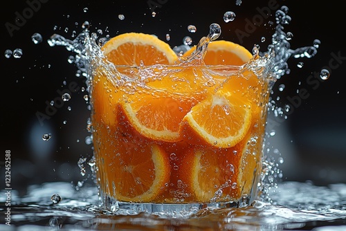 Black void, followed by an orange eruption. Witness a surrealistic slow-motion juice explosion