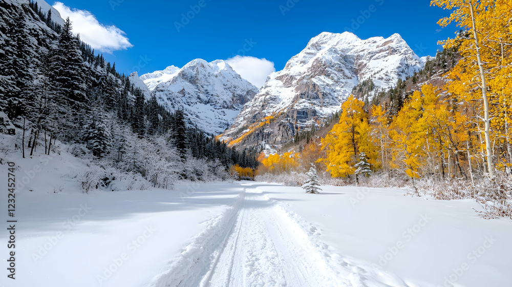 Fototapeta premium Snowy mountain trail, autumn aspen trees, winter landscape, postcard